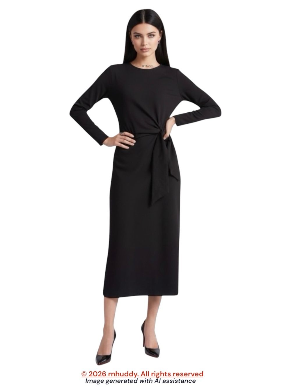 Nordstrom M black tie-waist long sleeve knit midi dress with pockets